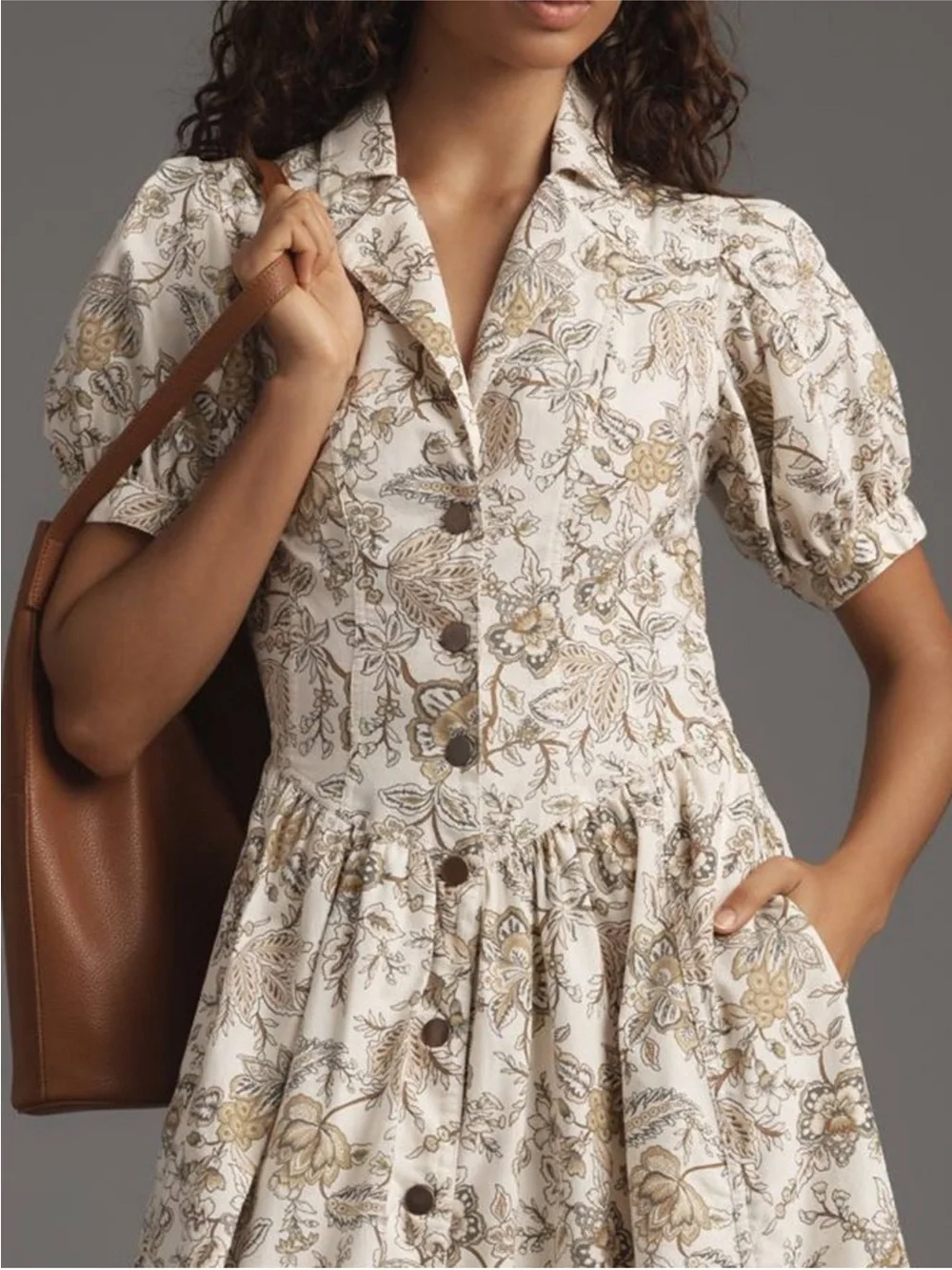 Floral Button-Front Midi Dress in Cream and Brown - Picture 5 of 14